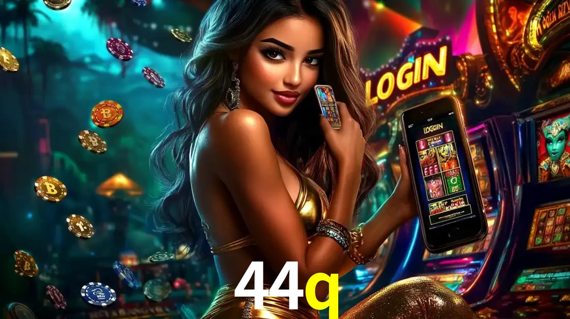 Mulher em um cenário de cassino temático de aventura, mostrando o app de caça-níqueis da 44q no celular. Fichas de apostas flutuam ao redor.